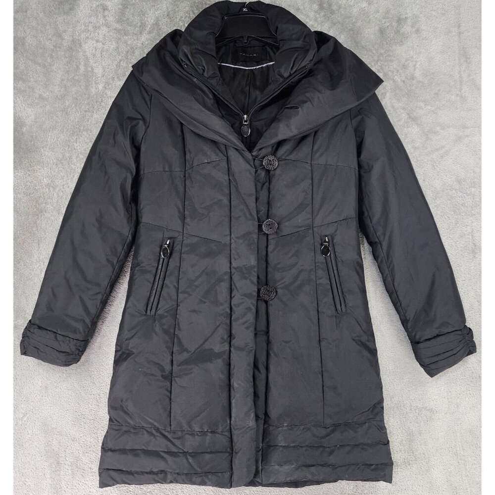 Tahari Puffer Jacket Womens Small Black‎ Full Zip Button Long Sleeve Winter Coat